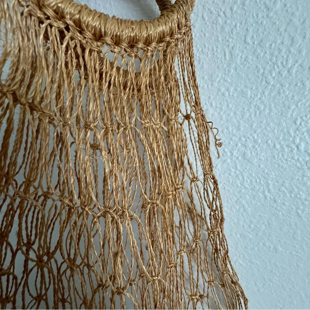 Vintage 90s Handmade Woven Straw Crochet Net Jute Farmers Market Large Tote Bag